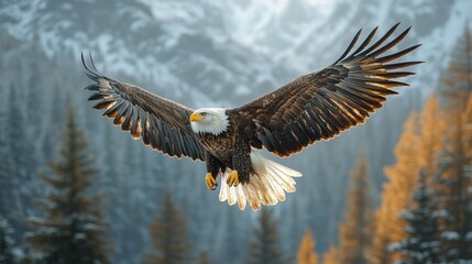 Obraz premium Majestic eagle soaring over a serene mountain landscape.