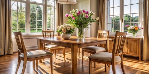 Fototapeta premium Elegant wooden table and chairs sit harmoniously in a cozy room surrounded by the gentle warmth of fresh
