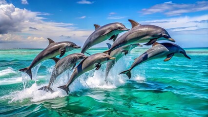 Fototapeta premium A school of sleek, gray dolphins leap and play in the calm, turquoise waters of the ocean, their