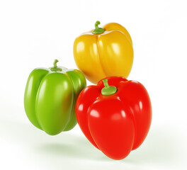 3d red, green and yellow bell pepper capsicum realistic render icon. Organic vegetable harvest, farm product healthy food. Natural sweet paprika seasoning isolated on white background. 3D illustration