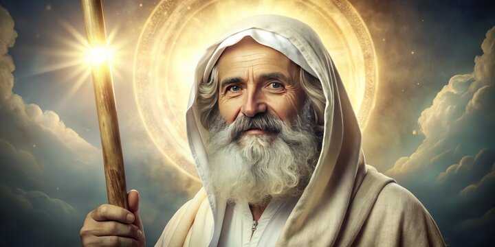A serene and radiant bearded figure with a gentle smile, surrounded by soft light, holding a staff, with