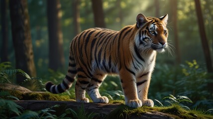 realistic illustration of a cute cat in the forest in day view