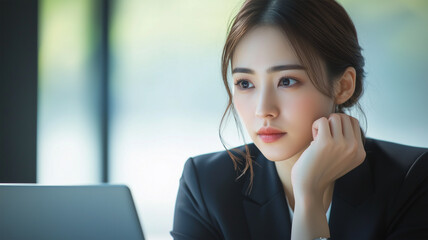 頬杖をついて考え込むビジネスウーマン