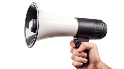 A hand holds a white megaphone with a black handle.