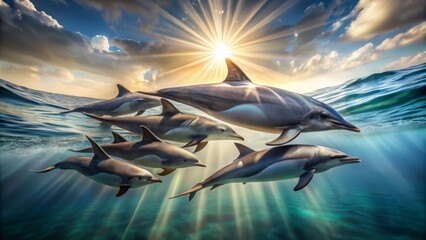 A serene pod of dolphins swim together in unison, their sleek gray bodies glistening in the sunlight as