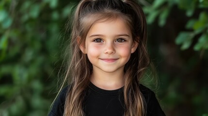 Fototapeta premium Cute Little Girl with Brown Hair Smiling Against Green Background