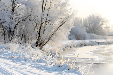 Fototapeta premium Frosty riverbank in a winter landscape, highlighting the serene and crisp beauty of a frozen river setting