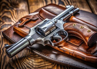 A silver revolver handgun with a wooden grip lies on a worn, leather-bound holster, background blurred, focus on
