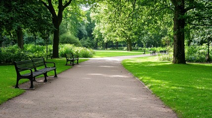 Empty Bench in a Peaceful Park with Gravel Path and Lush Green Trees