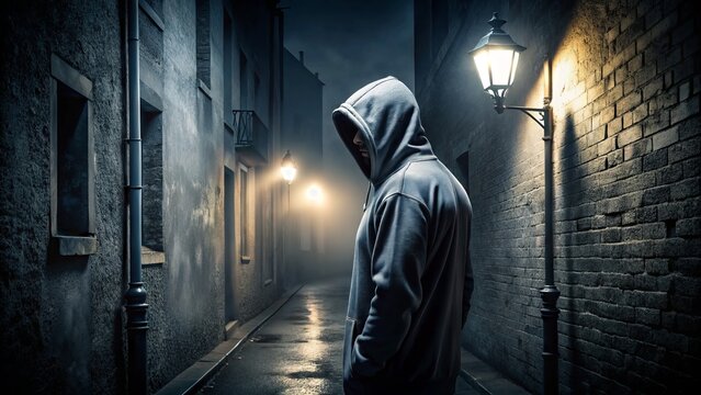 A shadowy figure in a hoodie lurks in a dark alley, illuminated only by a faint streetlight, conveying