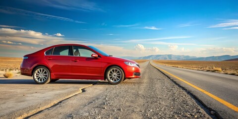 Fototapeta premium A sleek, bright red sedan sits stranded on the side of a desolate road, its front left wheel