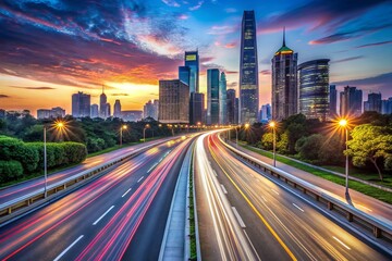 Fototapeta premium A sleek, modern highway scene at dusk, featuring a dedicated lane for autonomous vehicles or high-speed traffic,