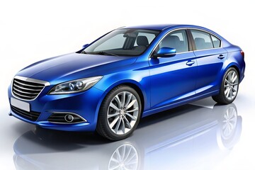 A sleek, modern sedan with clean lines, vibrant blue body, and silver accents, set against a pure white