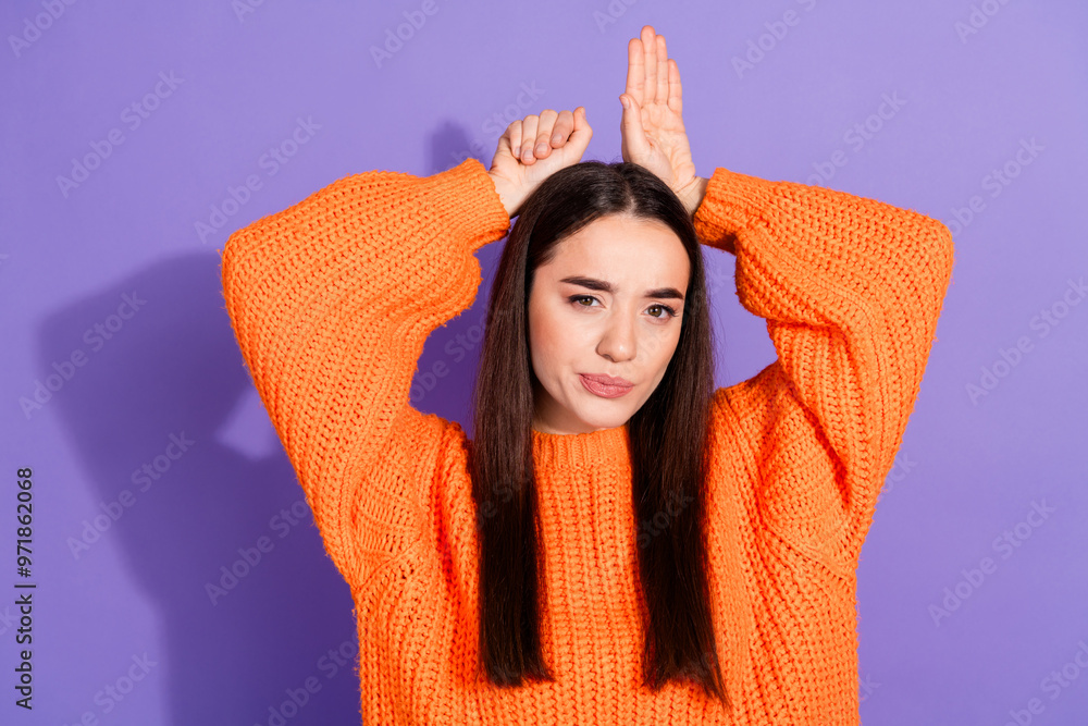 Poster Photo of cute pretty nice girl wear stylish orange clothes isolated on purple color background