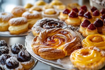 Freshly baked pastries displayed on platters in a cozy bakery during the morning