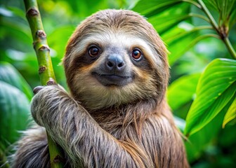 Fototapeta premium A slow-moving sloth with shaggy fur and gentle eyes clings to a lush green branch in the vibrant