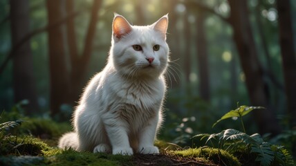 realistic illustration of a cute cat in the forest in day view