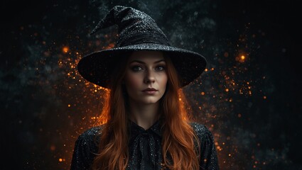 Mystical woman in a dark hat against a magical glowing backdrop