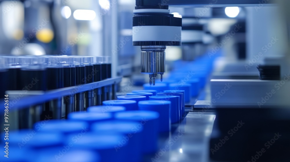 Poster automated production line with robotic arm and blue containers