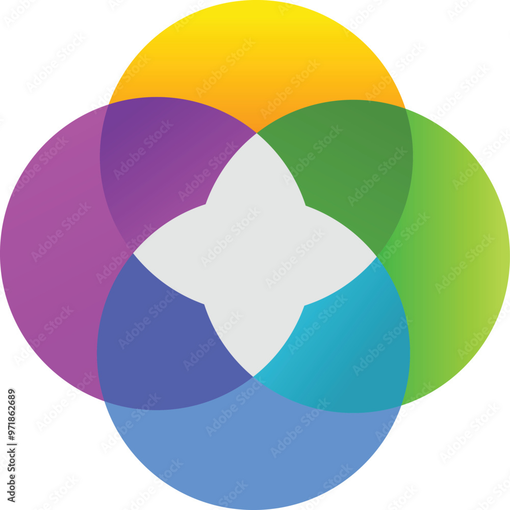 Poster colorful circles are overlapping creating a gradient star shape in the center on a white background