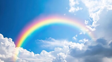 Brilliant Rainbow Arching Across Dramatic Sky with Fluffy Clouds