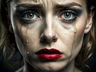 A sorrowful face contorts in anguish, tears streaming down pale skin, eyebrows furrowed, and lips pursed in a