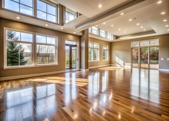Fototapeta premium A spacious, newly constructed home stands empty, with bare walls, polished floors, and large windows flooding the