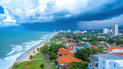 Naklejka premium Scenic Tropical Beachfront Cityscape with Residential Buildings and Palm Trees