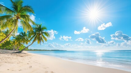 Obraz premium Stunning Tropical Beach with Palm Trees and Blue Ocean Waves under Bright Sunshine