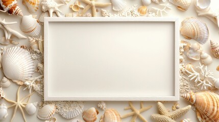 Obraz premium Seashells and Starfish Surrounding White Frame Mockup
