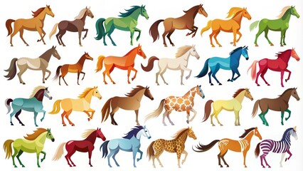 Horse symbols in bold blue, bright red, and soft cream emerge against a pristine white background, diverse and