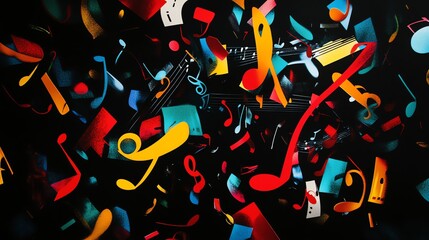 Obraz premium A chaotic composition of colorful musical notes on a black background.
