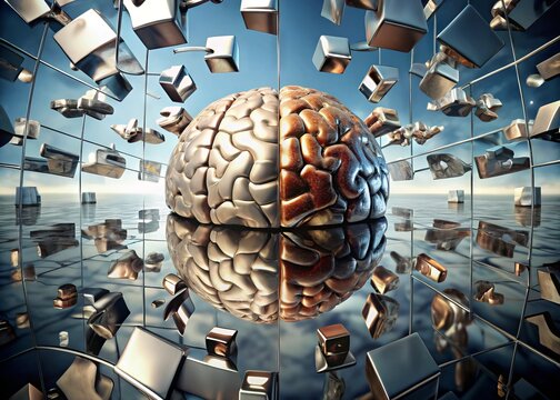 A stylized brain surrounded by fragmented mirrors, distorted reflections, and puzzle pieces, symbolizing the concept of