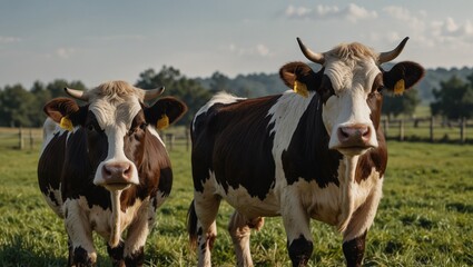 Two brown and white cows standing in a field on a sunny day.