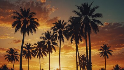 Palm trees silhouette against a beautiful orange sunset sky.