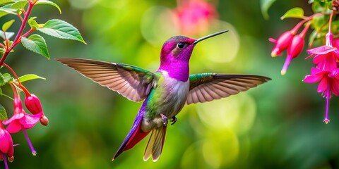 Fototapeta premium In a burst of color, the fuchsia flower unfurls its trumpet-shaped blooms amidst a tapestry of emerald green