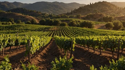 Morning view of green vineyard with mountains in the background.