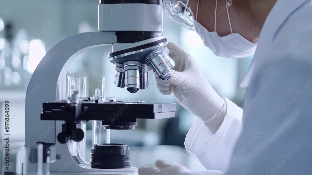 Poster scientist using microscope in a laboratory