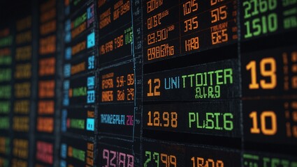 Colorful stock market display with vibrant numbers and codes