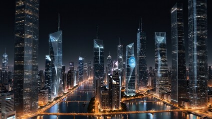 Fototapeta premium Futuristic cityscape with illuminated tall skyscrapers at night.