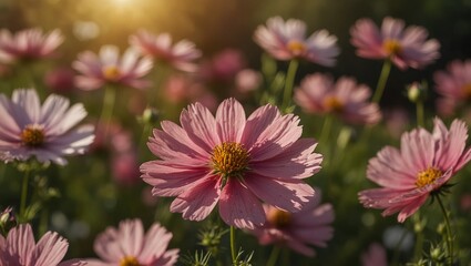 Obraz premium Beautiful pink flowers blooming in a garden during sunlight.