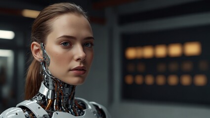 Futuristic android woman with mechanical features in a lab setting
