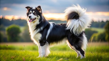 Obraz premium In a lush green meadow, a black and white striped dog with a fluffy bushy tail stands proudly,
