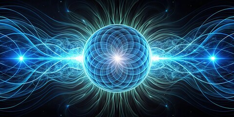 A stylized illustration of a hands-free magnetic field, featuring swirling lines and particles, surrounding a central