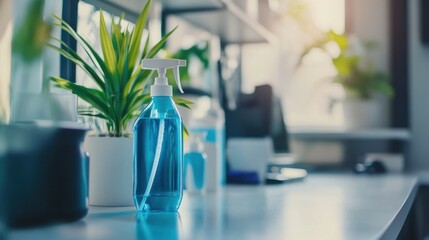 Blue Disinfectant Spray Bottle on a Desk