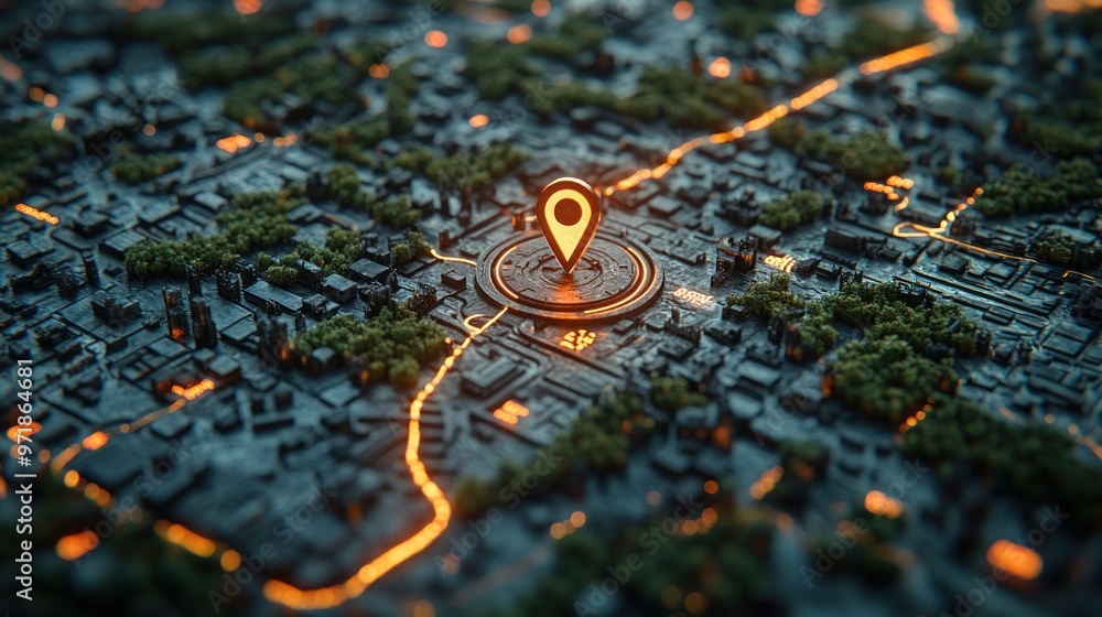 Poster a stylized map view with a location pin and illuminated streets.