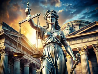 Fototapeta premium A stylized illustration of Lady Justice holding scales and a sword, surrounded by legal symbols, scrolls, and books,