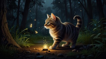 realistic illustration of a cute cat in the forest in night view