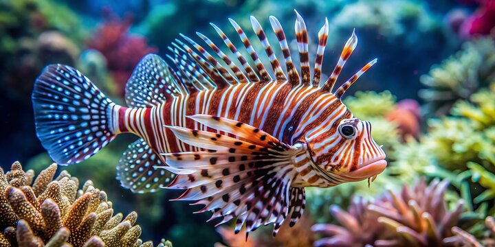 In the vibrant coral reef, a striped and spotted zebra turkeyfish glides effortlessly through the water, its scales