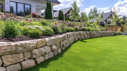 Fotobehang Stone Wall Retaining Wall Garden Landscape Design © Narongsag